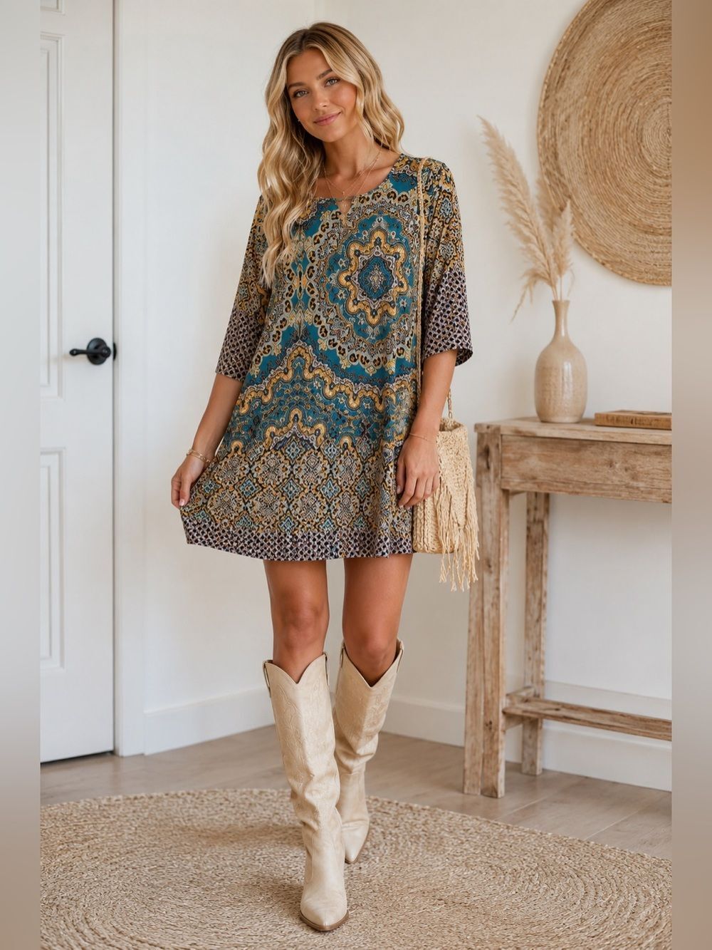 Honeyme Teal and Gold Paisley Boho Chic Mini Dress